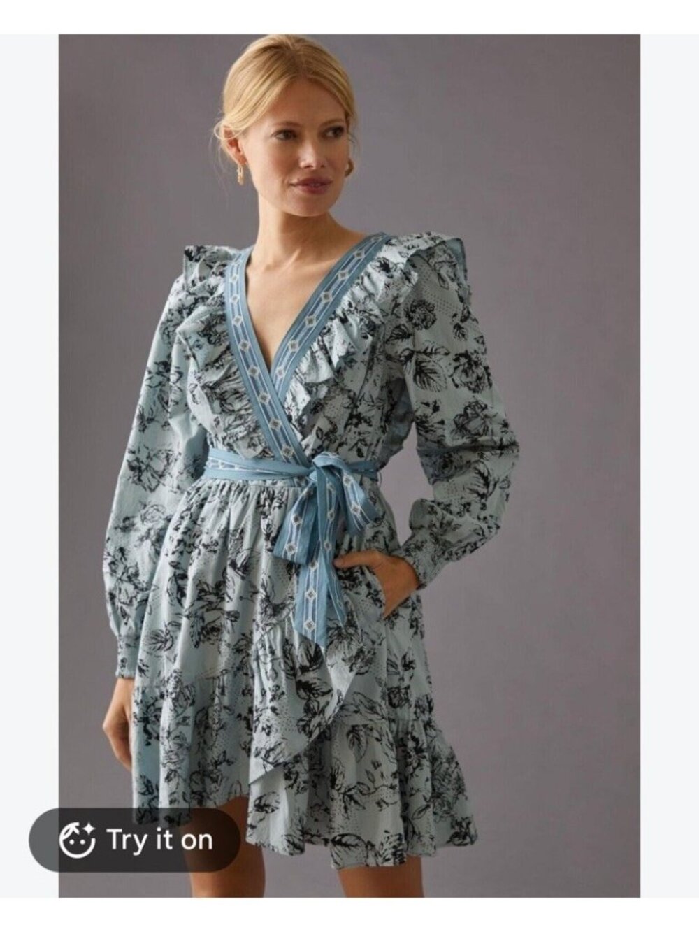 Anthropologie Floral Ruffle Mini Dress M Blue Gray Belt Long Sleeve Cottagecore
